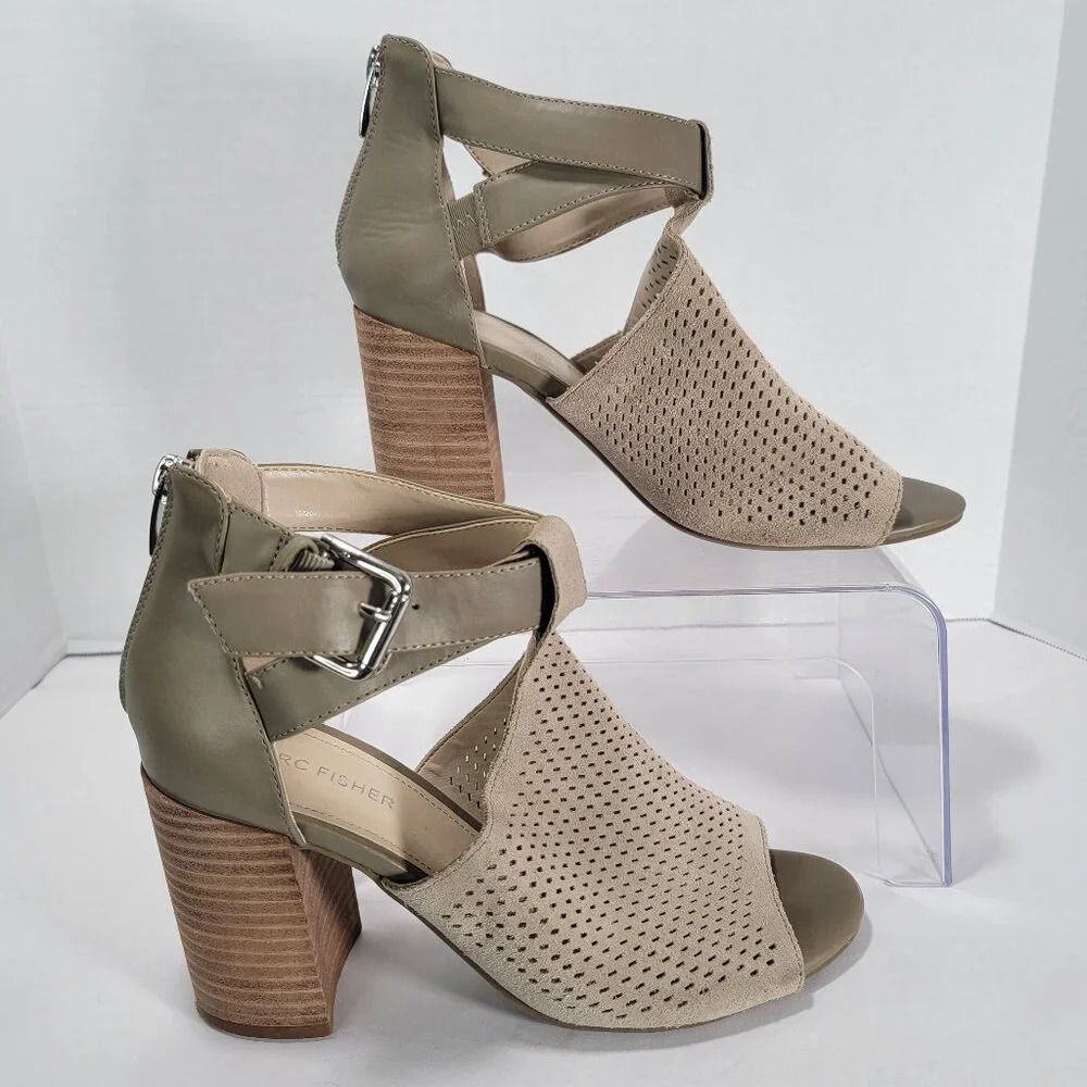 MARC FISHER Women's 8 Tan Stacked Chunky Heel Open Toe Ankle Strap Booties Boho